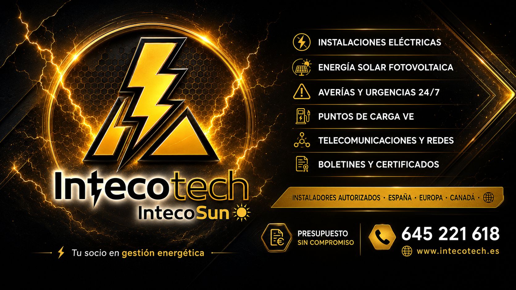 Intecotech · IntecoSun — Instalaciones eléctricas, energía solar fotovoltaica, urgencias 24/7, puntos de carga VE, telecomunicaciones, boletines y certificados — 645 221 618
